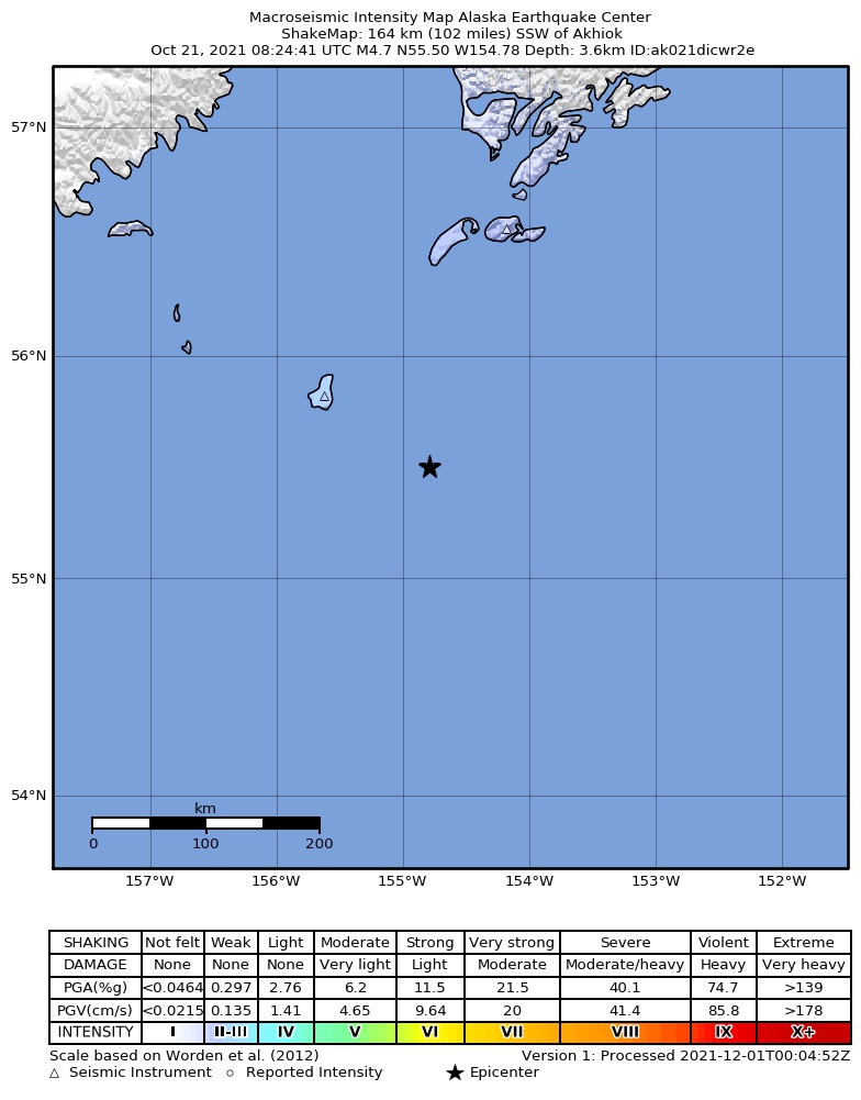 USGS ShakeMap: estimated shaking intensity around the epicenter