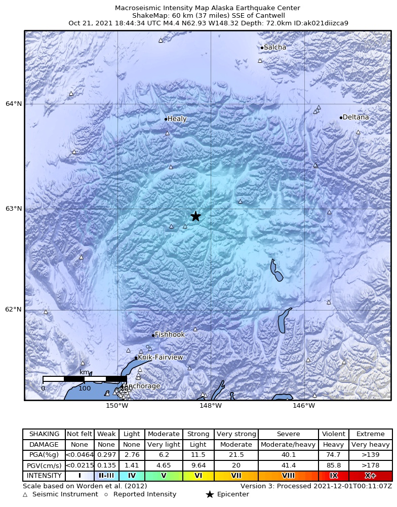 USGS ShakeMap intensity contours for the M4.4 earthquake near 60 km SSE of Cantwell, Alaska