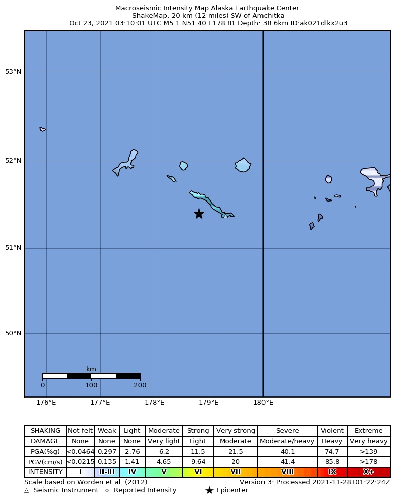 USGS ShakeMap intensity contours for the M5.1 earthquake near Rat Islands, Aleutian Islands, Alaska