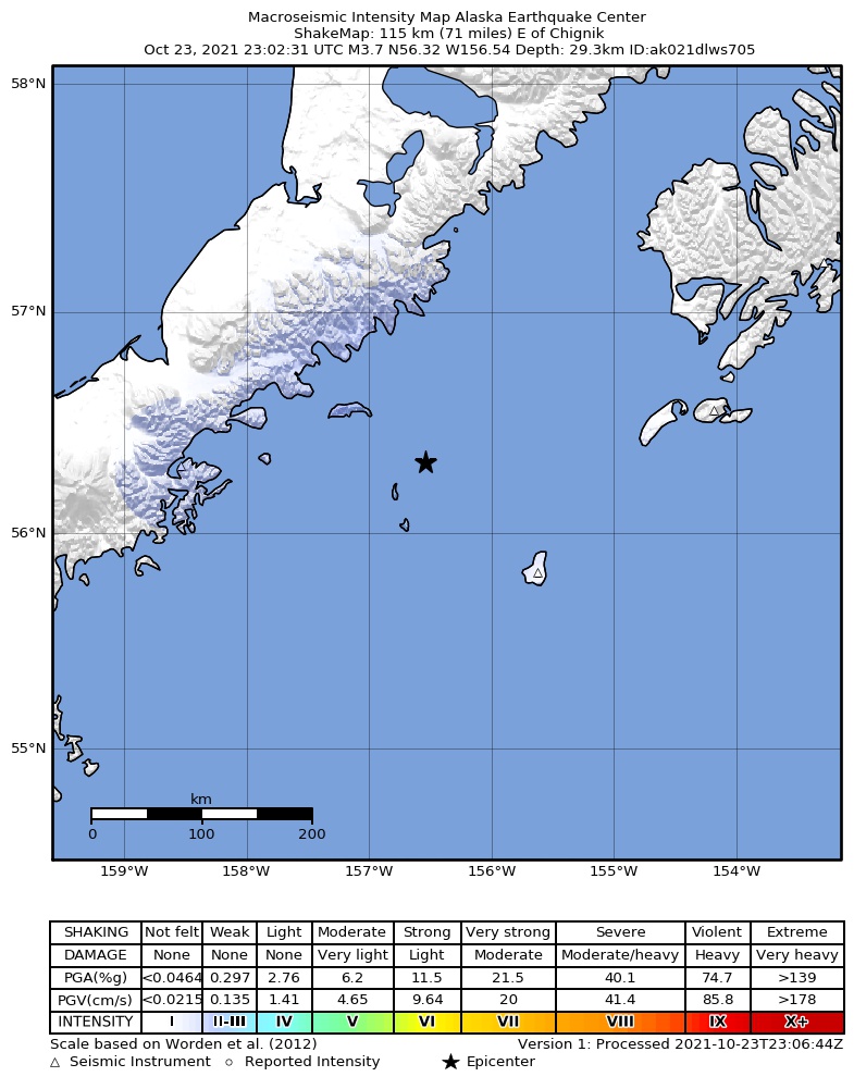 USGS ShakeMap intensity contours for the M3.4 earthquake near 115 km E of Chignik, Alaska