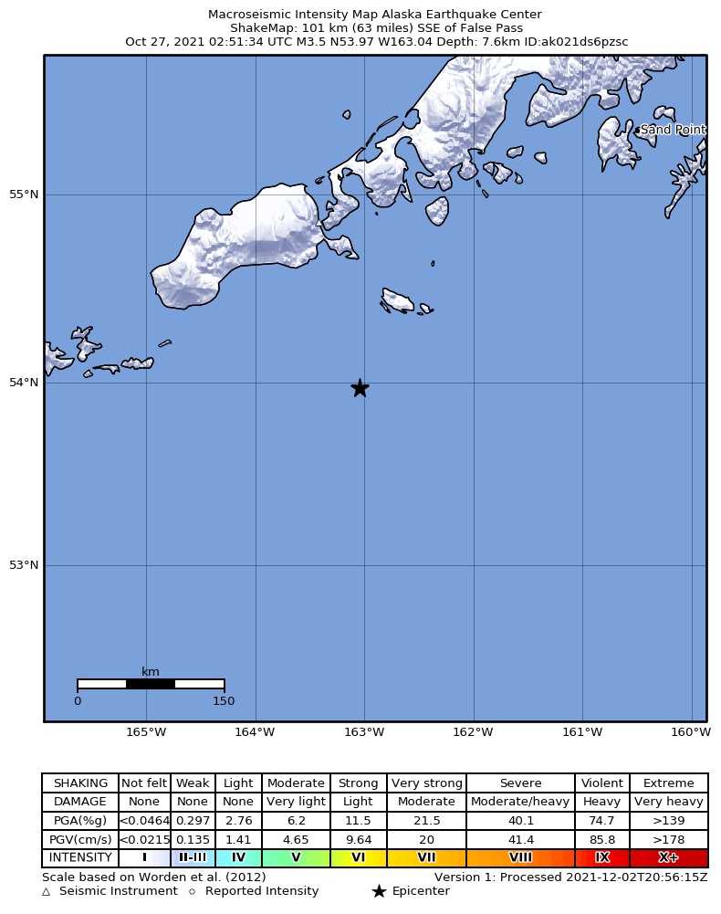 USGS ShakeMap: estimated shaking intensity around the epicenter