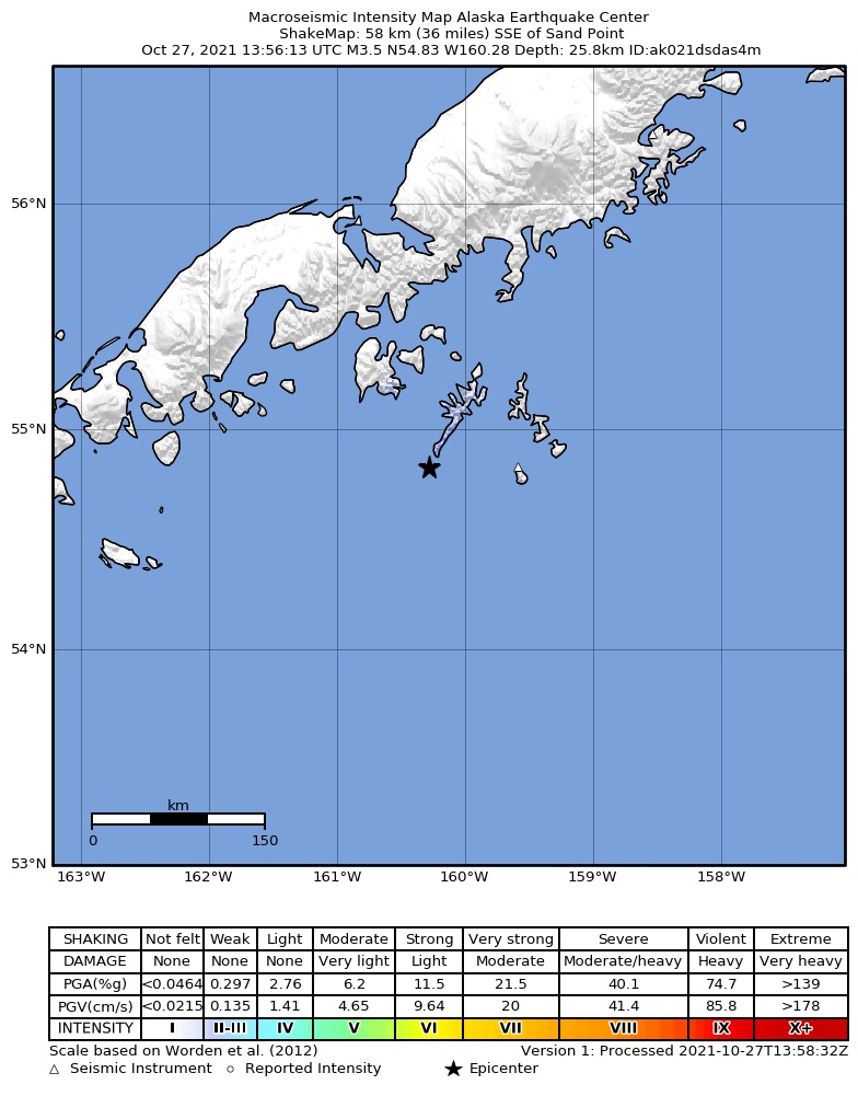 USGS ShakeMap: estimated shaking intensity around the epicenter