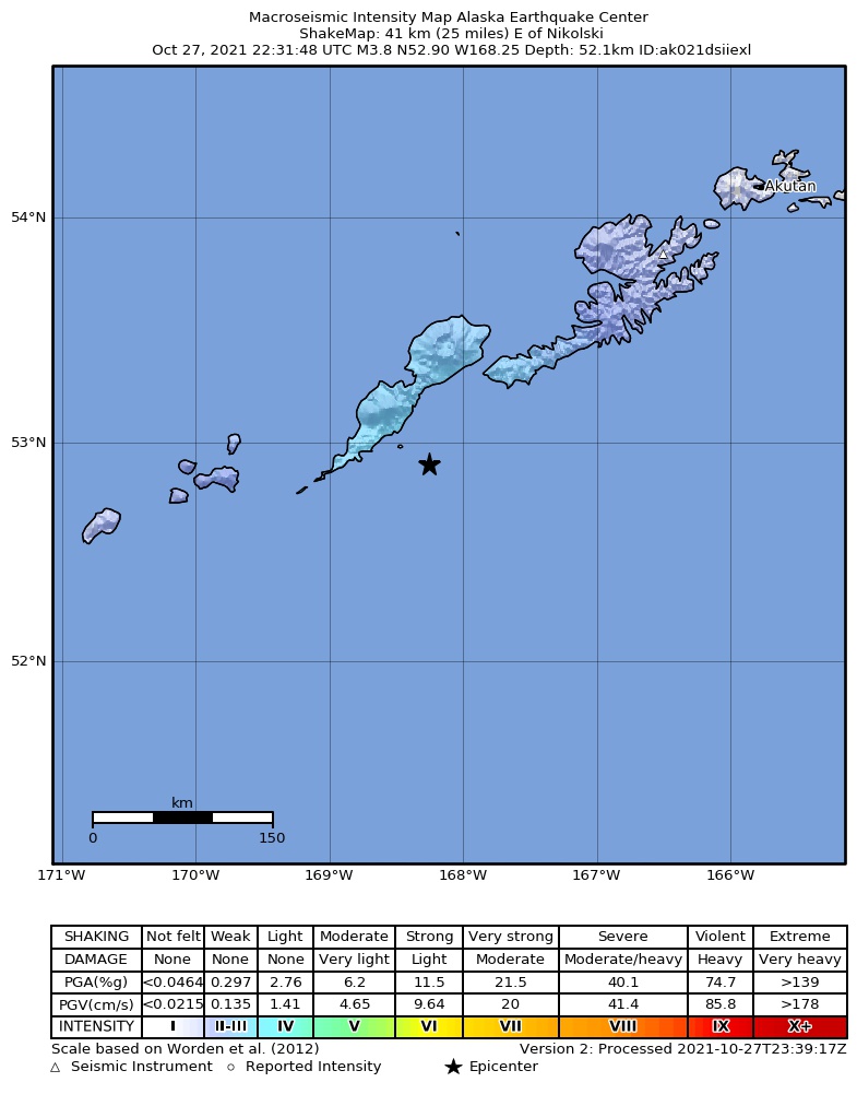 USGS ShakeMap intensity contours for the M3.9 earthquake near 48 km ESE of Nikolski, Alaska