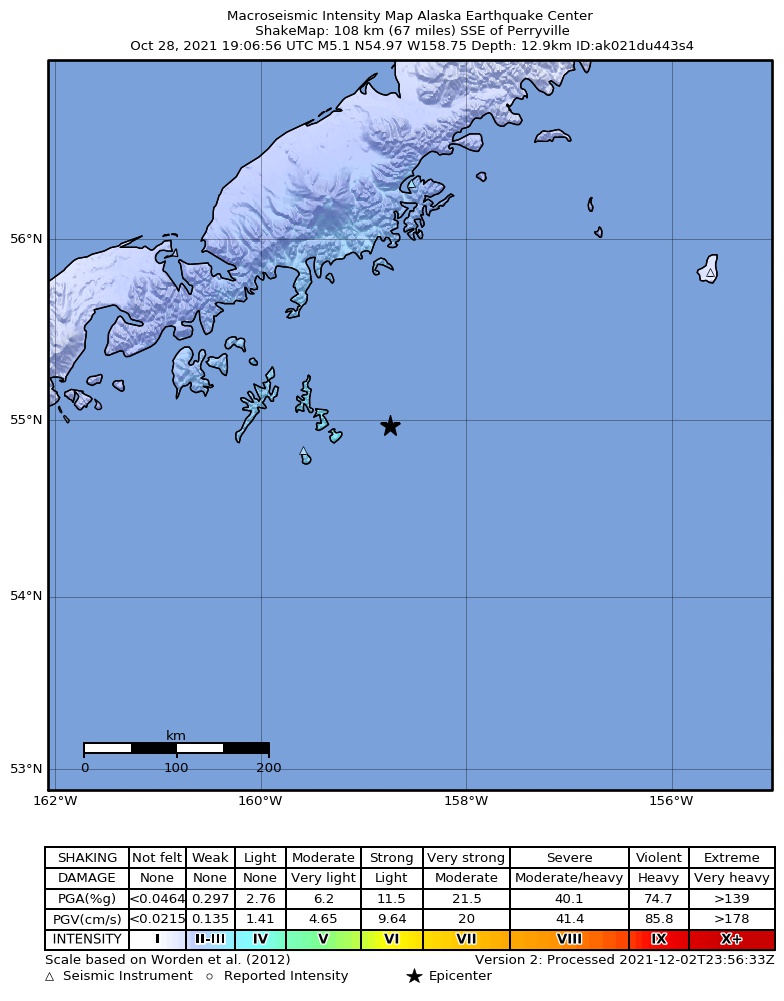 USGS ShakeMap intensity contours for the M5.1 earthquake near 95 km SSE of Perryville, Alaska