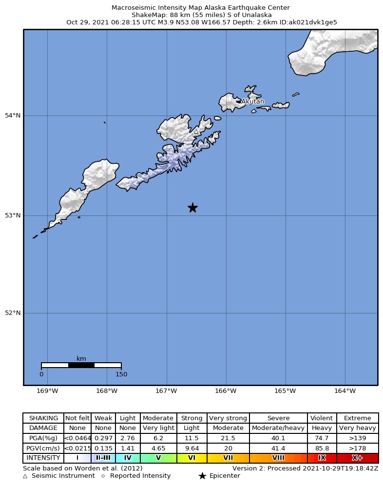 USGS ShakeMap: estimated shaking intensity around the epicenter