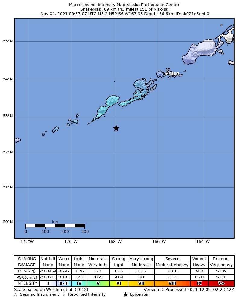 USGS ShakeMap intensity contours for the M5.2 earthquake near 69 km ESE of Nikolski, Alaska
