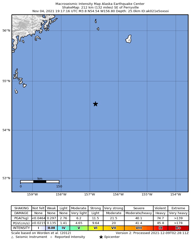 USGS ShakeMap intensity contours for the M3.8 earthquake near 213 km SE of Perryville, Alaska