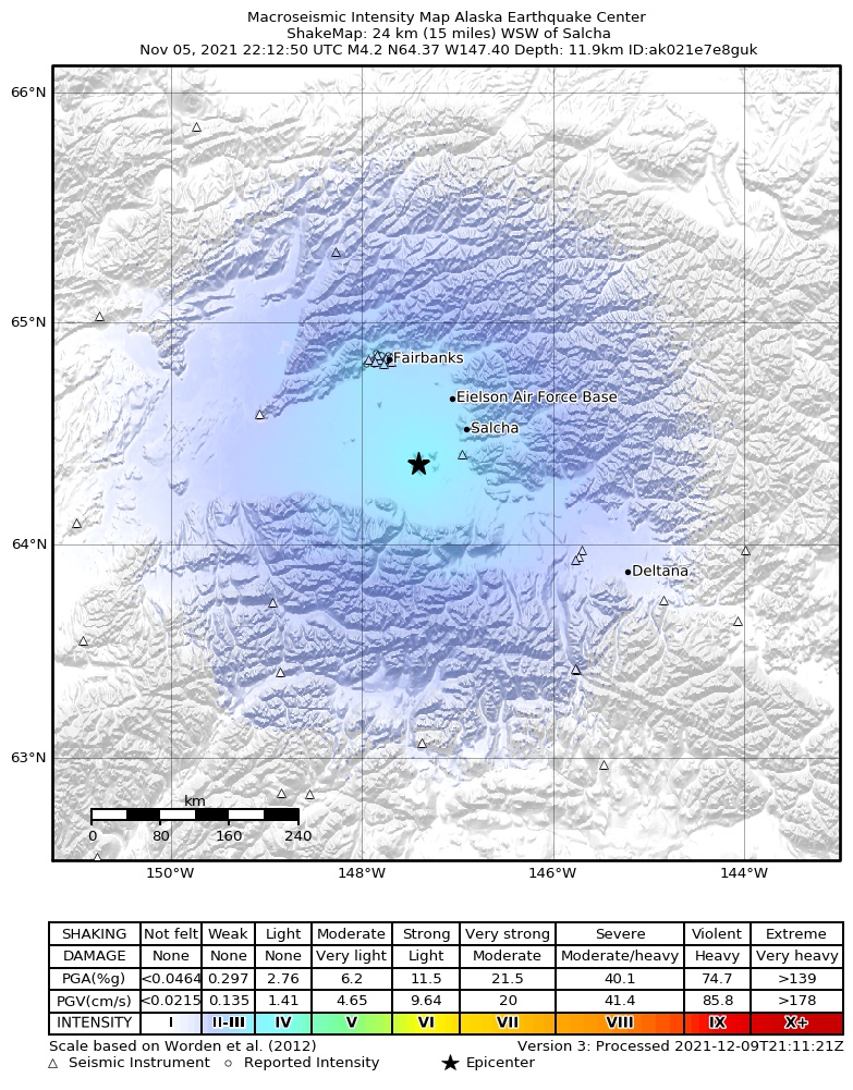USGS ShakeMap intensity contours for the M4.1 earthquake near 31 km SW of Salcha, Alaska