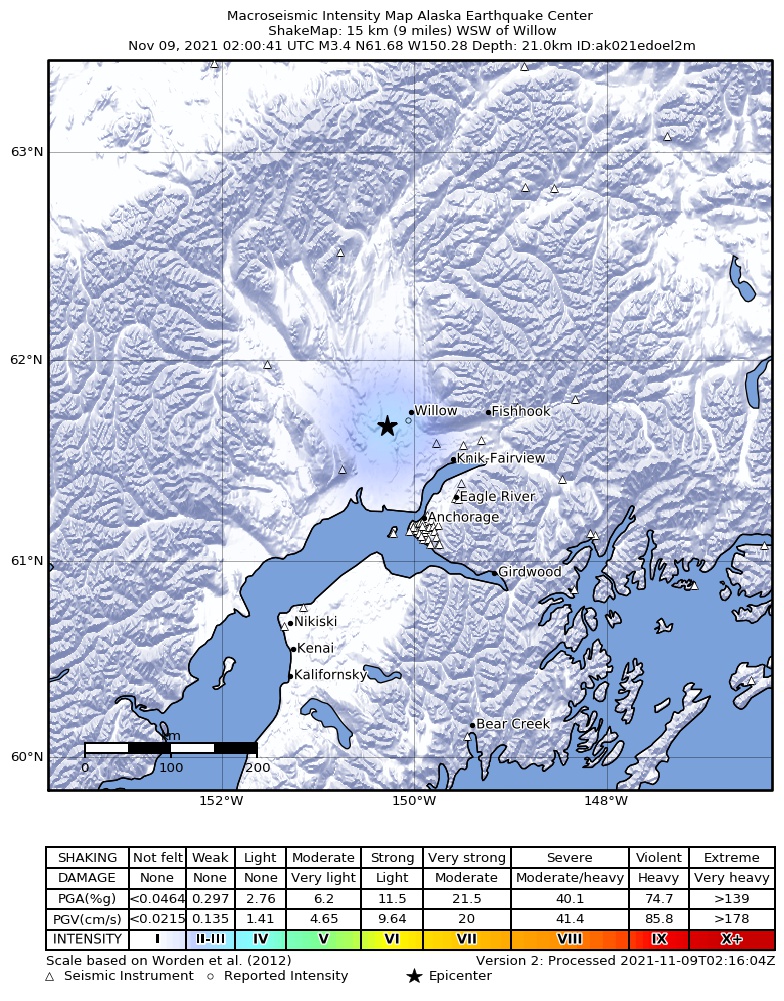 USGS ShakeMap: estimated shaking intensity around the epicenter