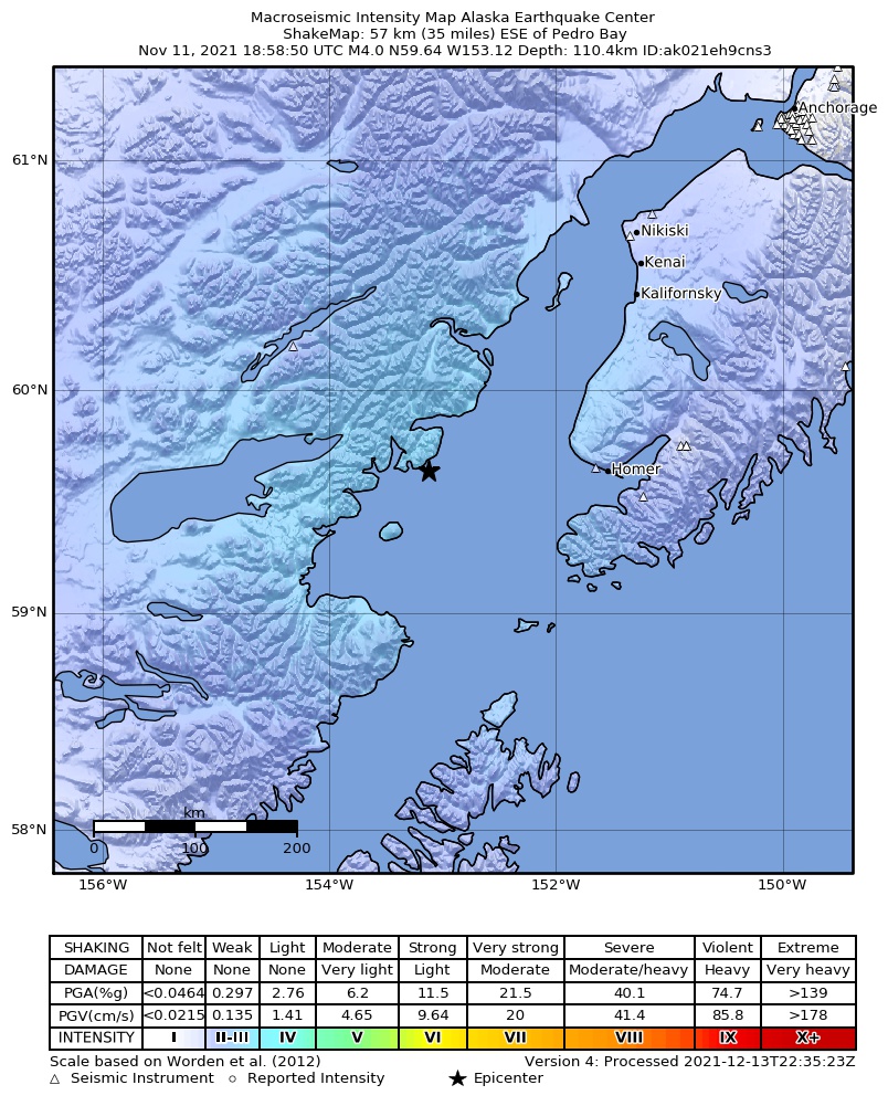 USGS ShakeMap intensity contours for the M4.0 earthquake near 57 km ESE of Pedro Bay, Alaska
