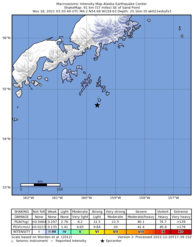 USGS ShakeMap: estimated shaking intensity around the epicenter