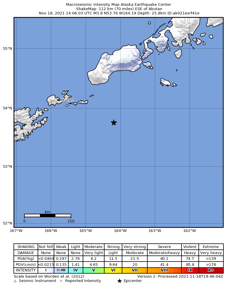 USGS ShakeMap: estimated shaking intensity around the epicenter