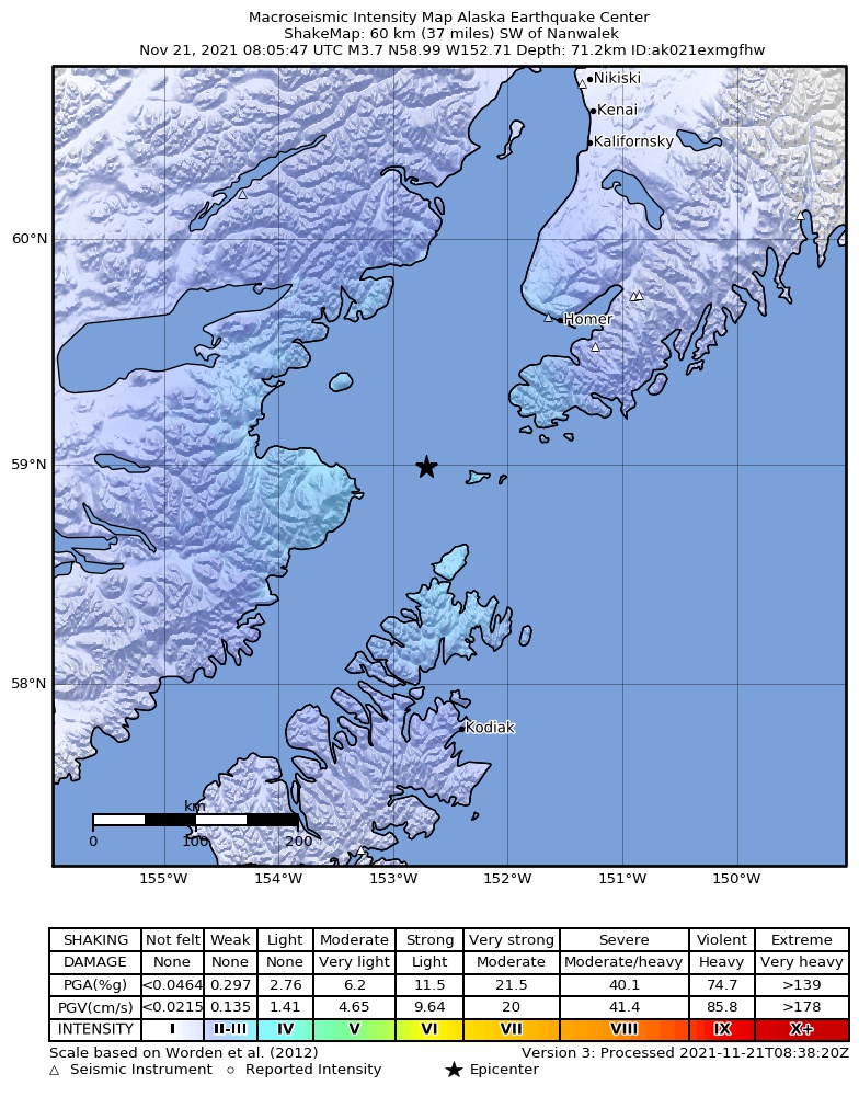 USGS ShakeMap: estimated shaking intensity around the epicenter