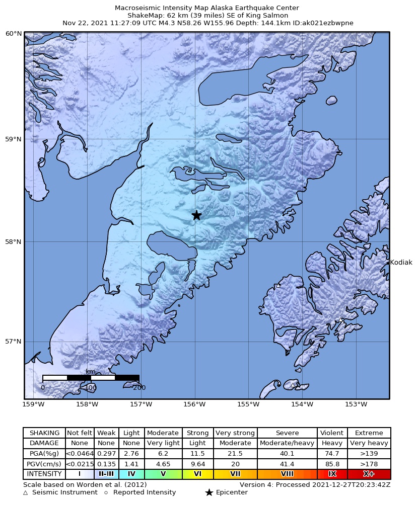 USGS ShakeMap: estimated shaking intensity around the epicenter