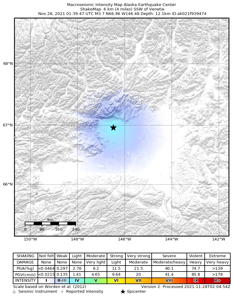 USGS ShakeMap: estimated shaking intensity around the epicenter
