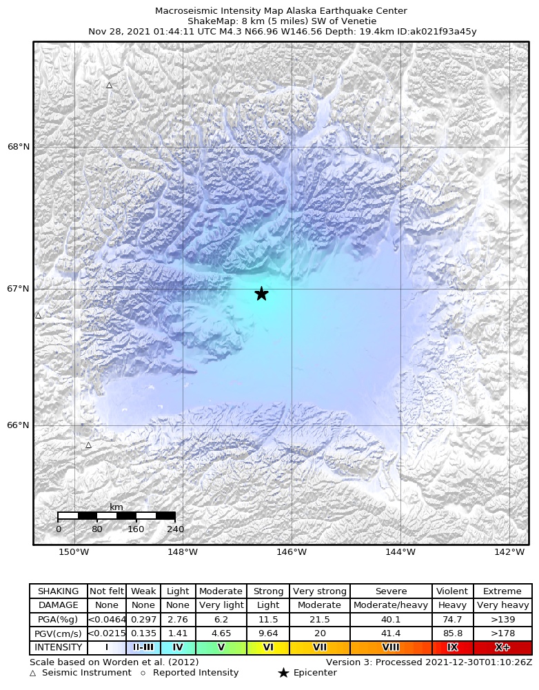 USGS ShakeMap: estimated shaking intensity around the epicenter