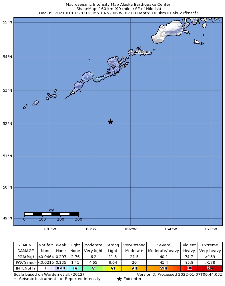 USGS ShakeMap intensity contours for the M5.2 earthquake near 165 km SE of Nikolski, Alaska