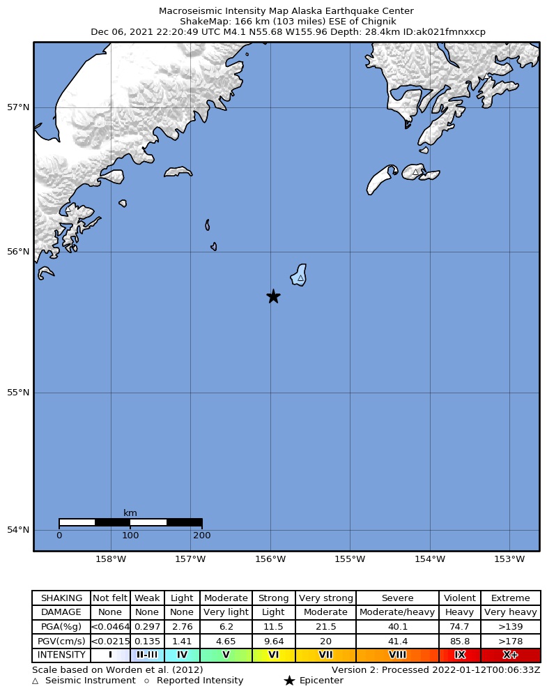 USGS ShakeMap intensity contours for the M4.1 earthquake near south of Alaska