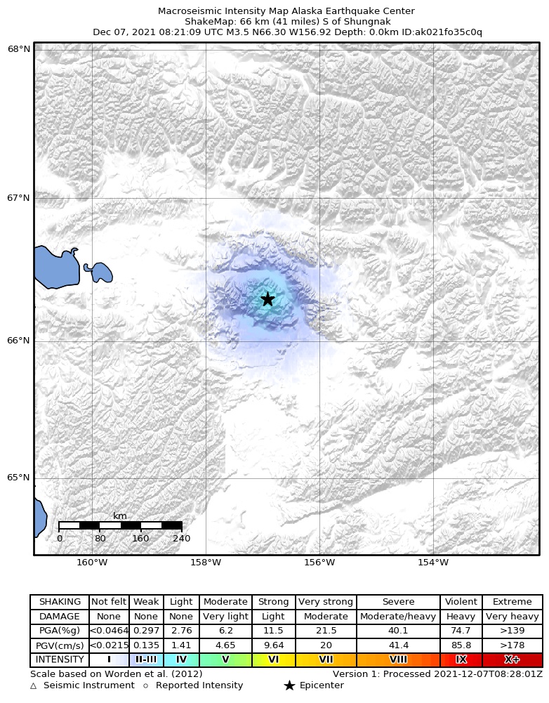 USGS ShakeMap: estimated shaking intensity around the epicenter