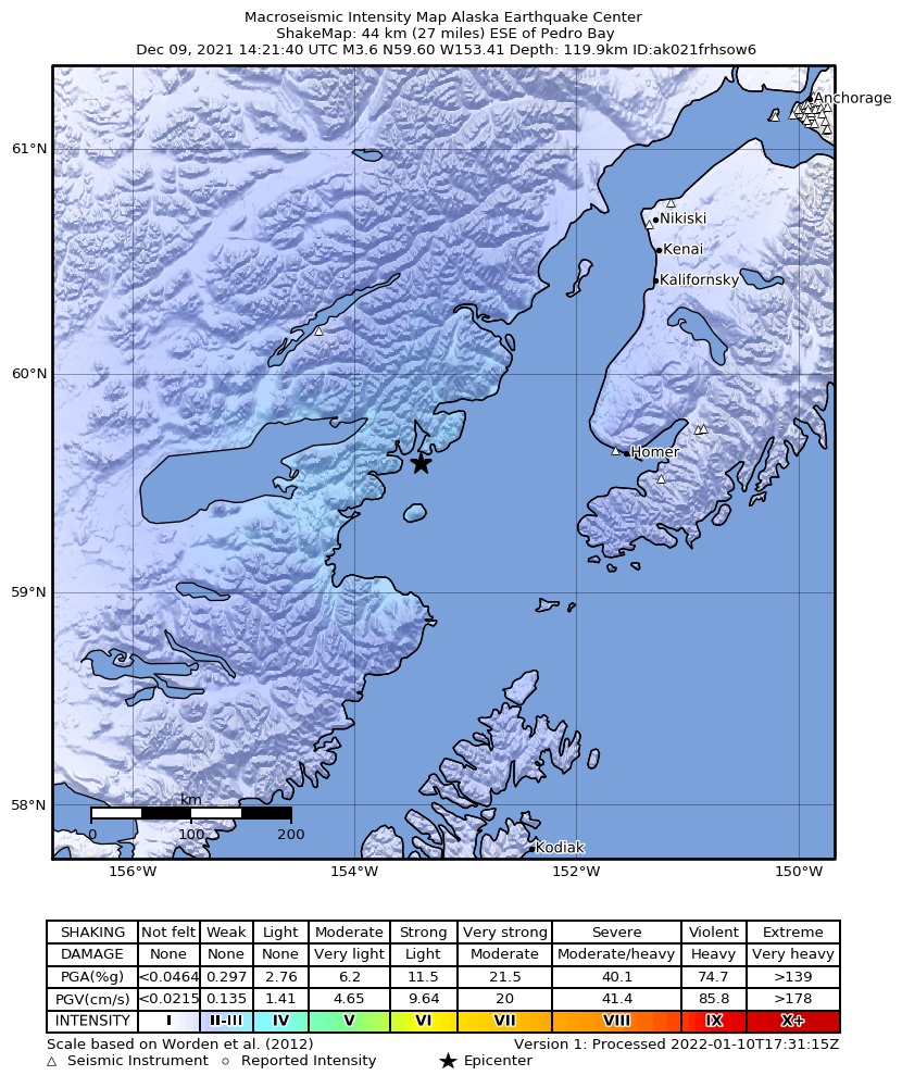 USGS ShakeMap: estimated shaking intensity around the epicenter