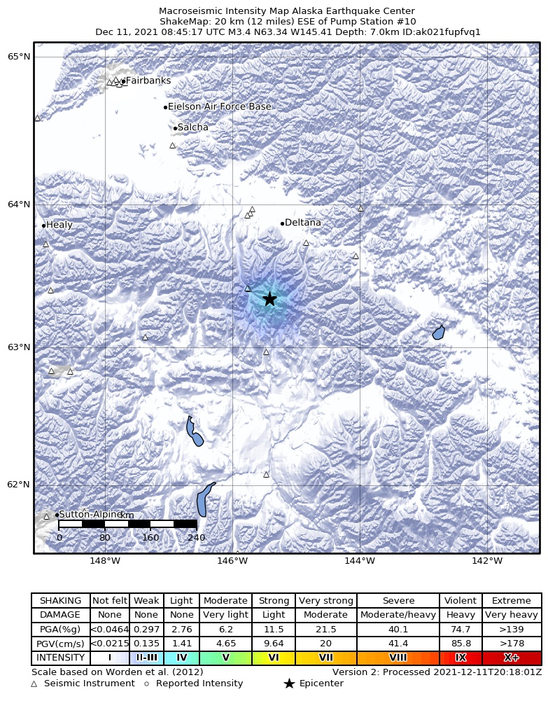 USGS ShakeMap: estimated shaking intensity around the epicenter
