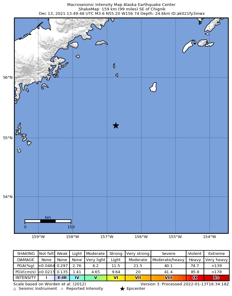 USGS ShakeMap: estimated shaking intensity around the epicenter