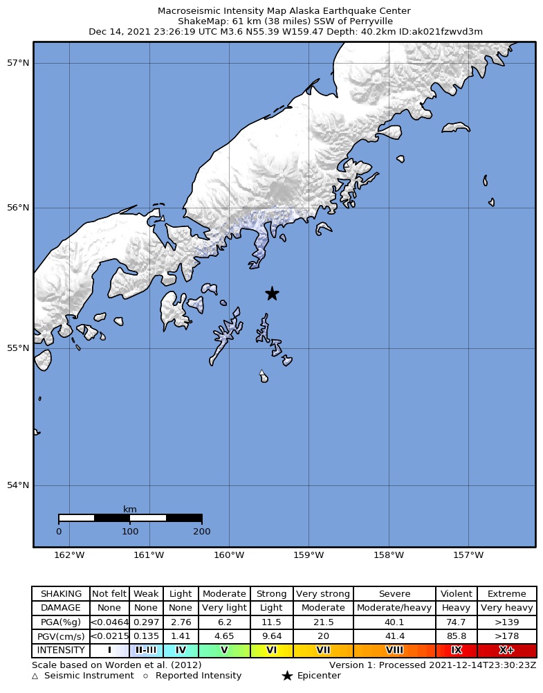 USGS ShakeMap intensity contours for the M3.7 earthquake near 56 km S of Ivanof Bay, Alaska