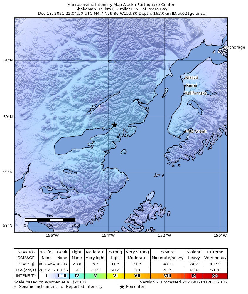 USGS ShakeMap intensity contours for the M4.7 earthquake near 19 km ENE of Pedro Bay, Alaska
