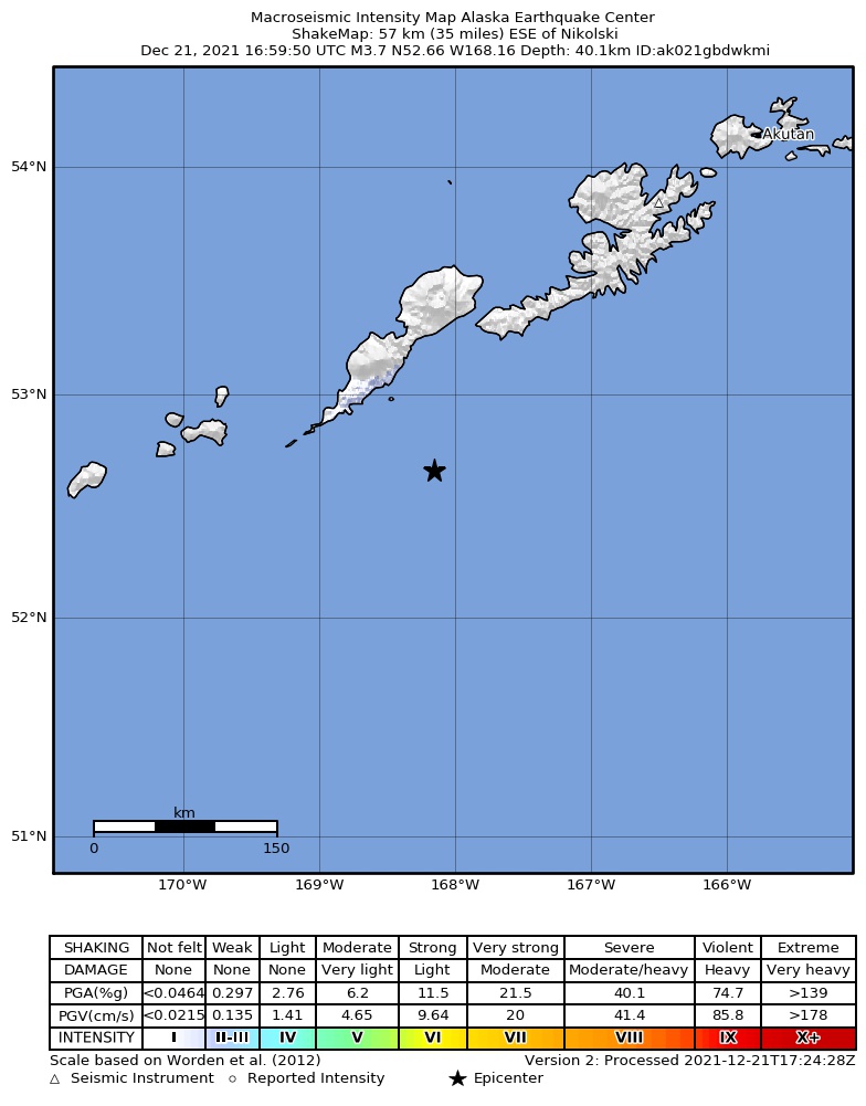 USGS ShakeMap: estimated shaking intensity around the epicenter