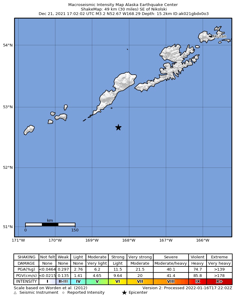 USGS ShakeMap: estimated shaking intensity around the epicenter