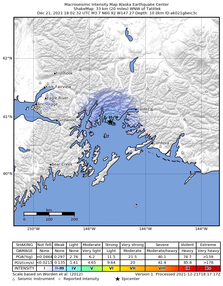 USGS ShakeMap: estimated shaking intensity around the epicenter