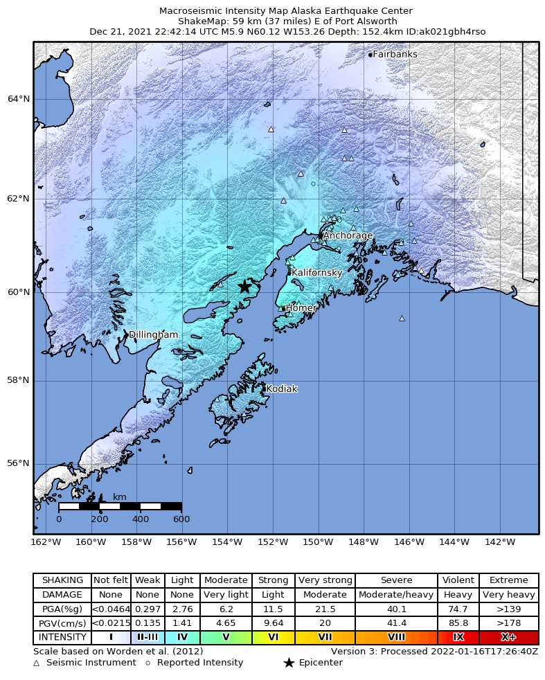 USGS ShakeMap intensity contours for the M5.9 earthquake near 58 km E of Port Alsworth, Alaska