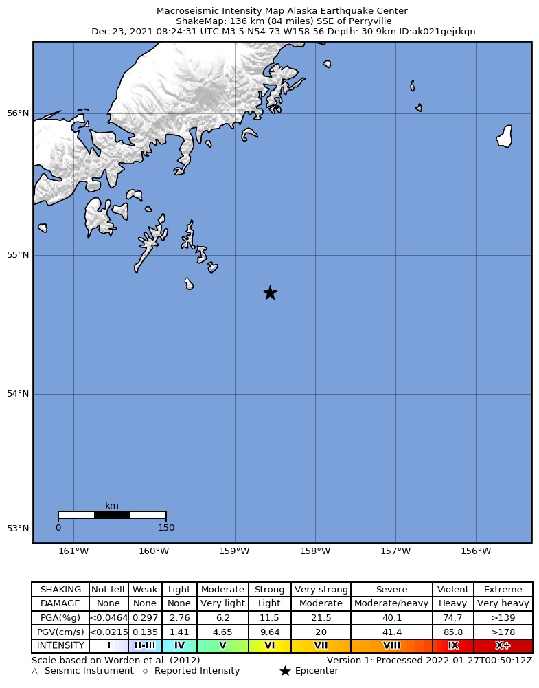 USGS ShakeMap: estimated shaking intensity around the epicenter