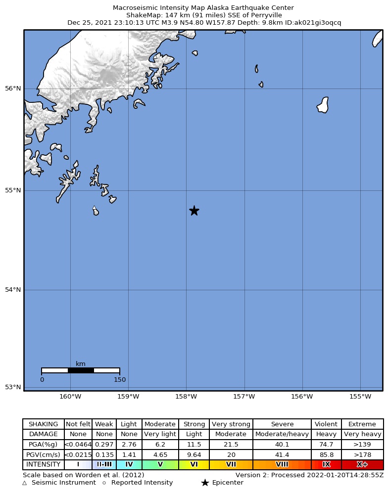 USGS ShakeMap intensity contours for the M3.9 earthquake near 145 km SSE of Perryville, Alaska