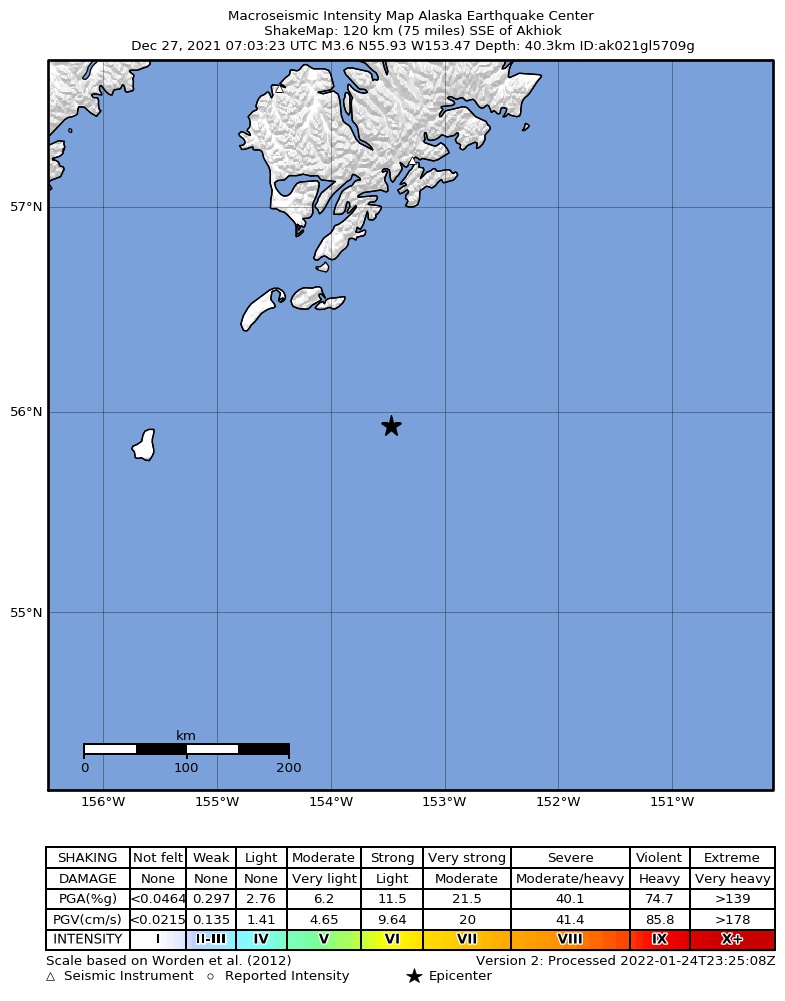 USGS ShakeMap: estimated shaking intensity around the epicenter