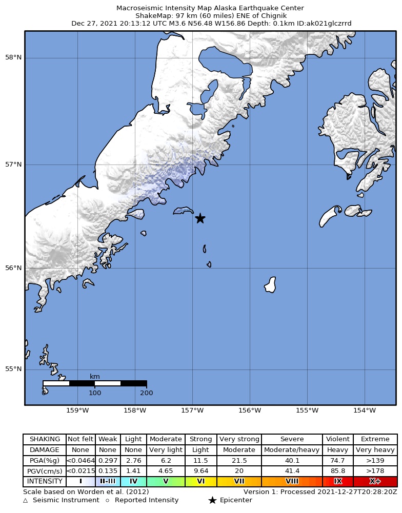 USGS ShakeMap intensity contours for the M3.5 earthquake near 103 km E of Chignik, Alaska