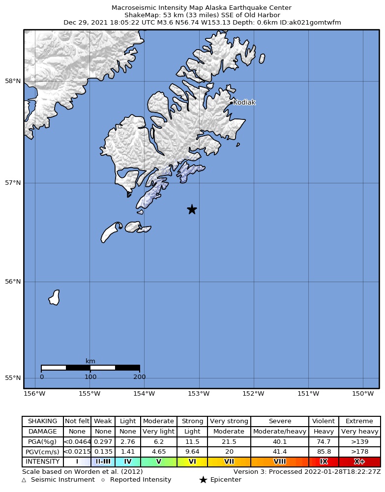 USGS ShakeMap: estimated shaking intensity around the epicenter