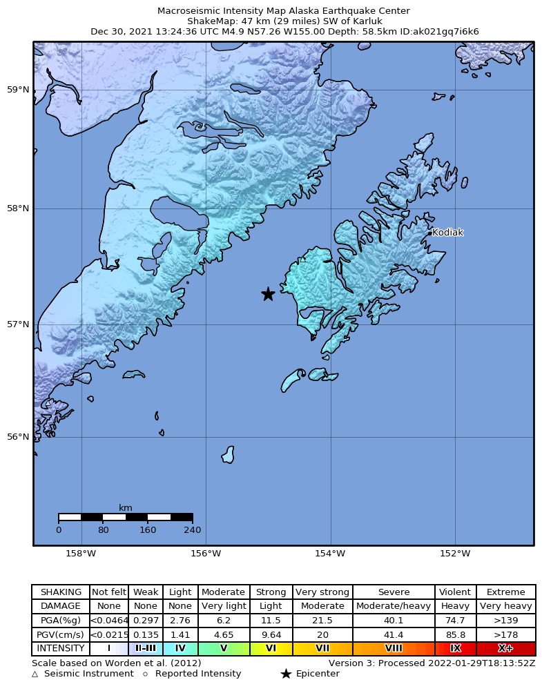 USGS ShakeMap intensity contours for the M5.0 earthquake near 47 km SW of Karluk, Alaska