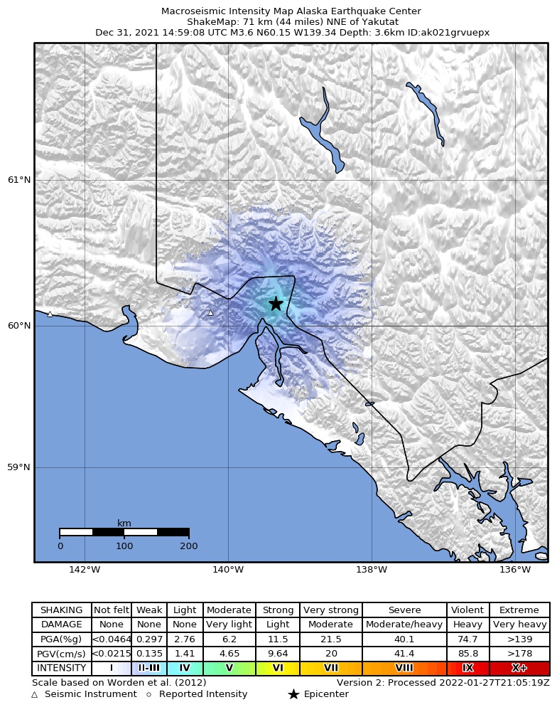 USGS ShakeMap: estimated shaking intensity around the epicenter