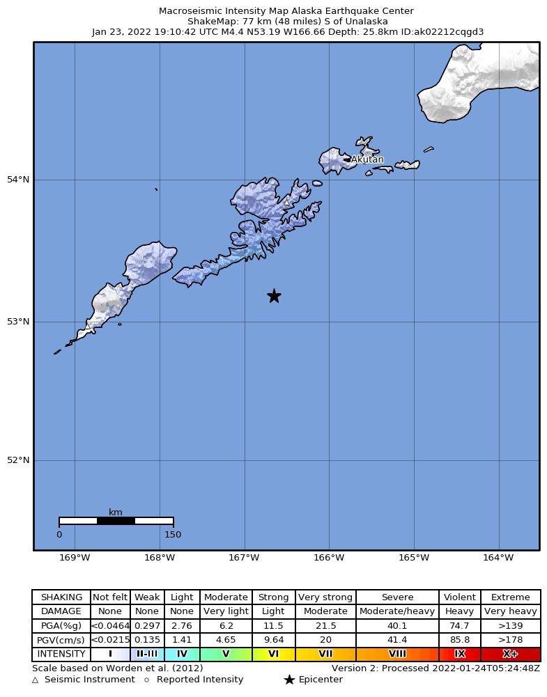USGS ShakeMap intensity contours for the M4.6 earthquake near 83 km S of Unalaska, Alaska