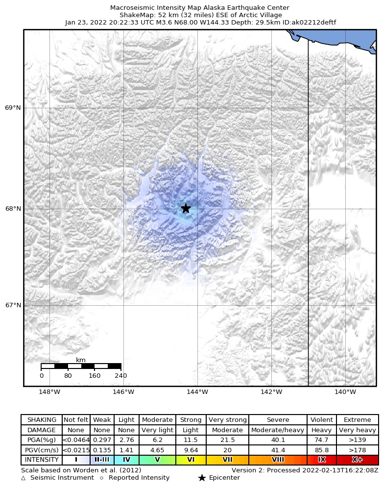USGS ShakeMap intensity contours for the M3.6 earthquake near 52 km ESE of Arctic Village, Alaska