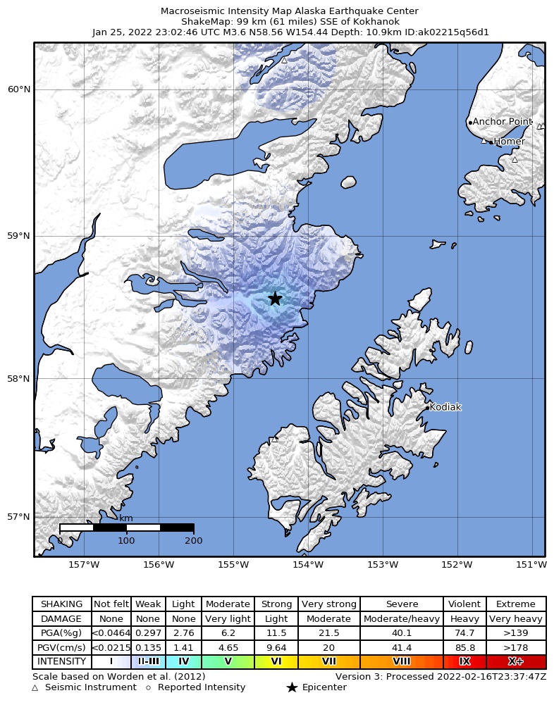USGS ShakeMap intensity contours for the M3.6 earthquake near 99 km S of Kokhanok, Alaska