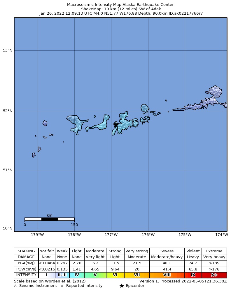 USGS ShakeMap: estimated shaking intensity around the epicenter