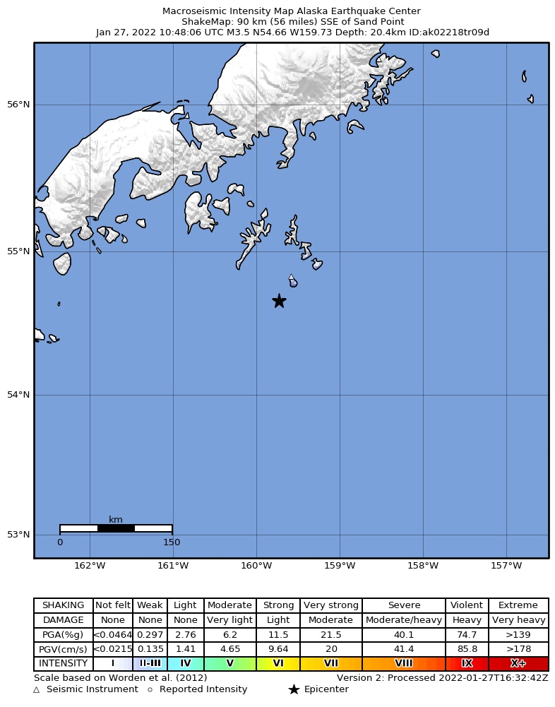 USGS ShakeMap: estimated shaking intensity around the epicenter