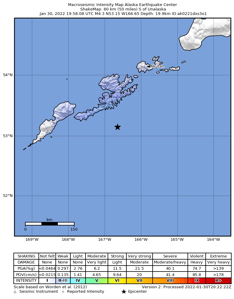 USGS ShakeMap intensity contours for the M4.4 earthquake near 74 km S of Unalaska, Alaska