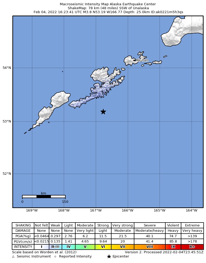 USGS ShakeMap intensity contours for the M3.8 earthquake near 82 km S of Unalaska, Alaska