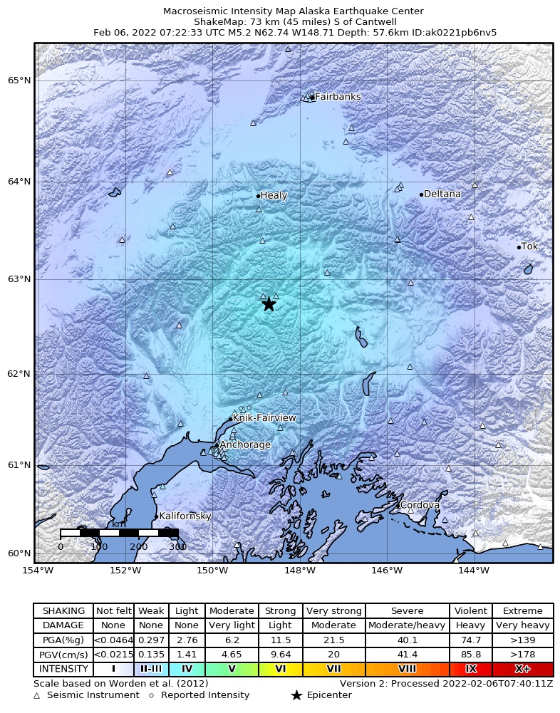 USGS ShakeMap intensity contours for the M5.2 earthquake near 72 km S of Cantwell, Alaska