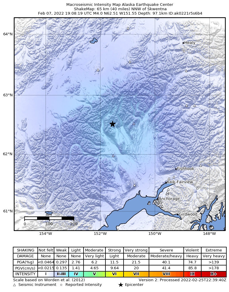 USGS ShakeMap intensity contours for the M4.0 earthquake near 40 km W of Petersville, Alaska