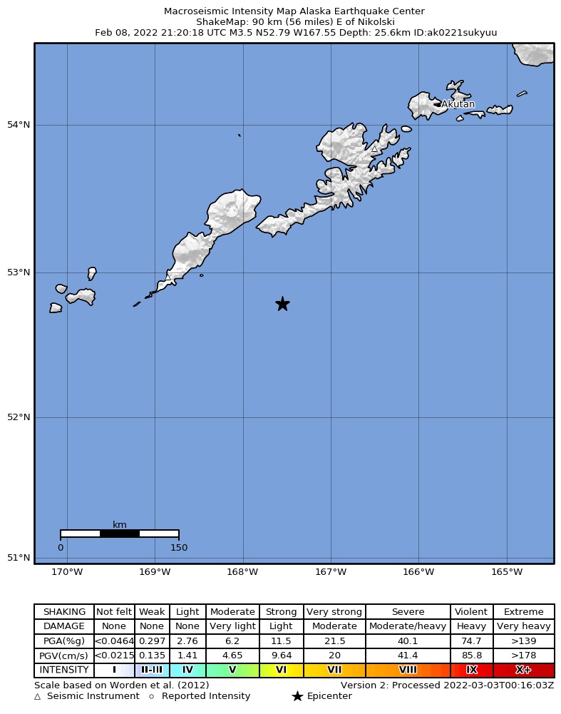 USGS ShakeMap intensity contours for the M4.3 earthquake near Fox Islands, Aleutian Islands, Alaska
