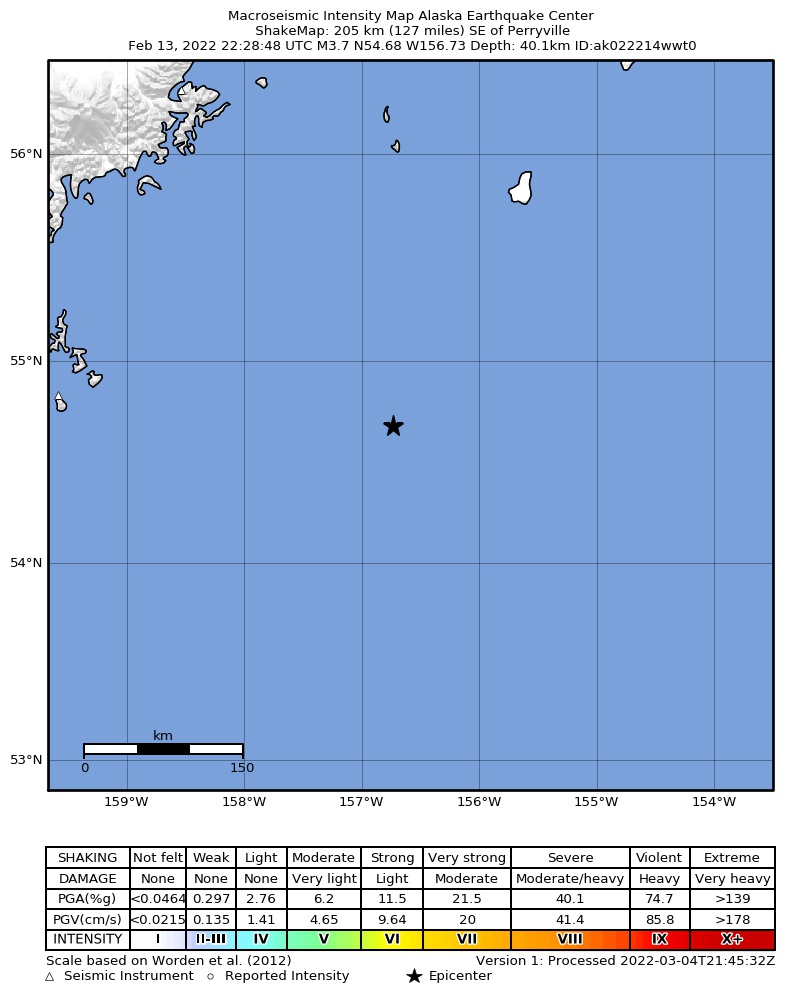 USGS ShakeMap intensity contours for the M3.7 earthquake near 205 km SE of Perryville, Alaska